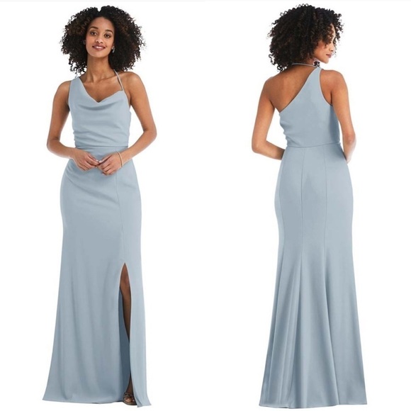 After Six Dresses & Skirts - After Six One-Shoulder Draped Cowl-Neck Maxi Dress in Blue Mist Size 4 US NWT